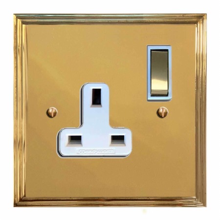 Edwardian Switched Socket 1 Gang Polished Brass Lacquered & White Trim