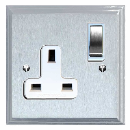 Edwardian Switched Socket 1 Gang Satin Chrome & White Trim