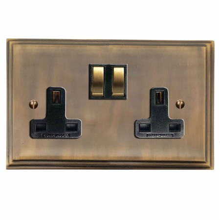 Edwardian Switched Socket 2 Gang Antique Brass Lacquered