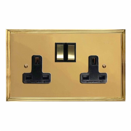 Edwardian Switched Socket 2 Gang Polished Brass Lacquered & Black Trim