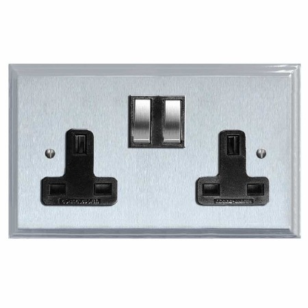 Edwardian Switched Socket 2 Gang Satin Chrome & Black Trim