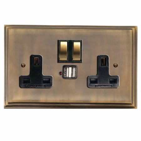 Edwardian Switched Socket 2 Gang USB Antique Brass Lacquered