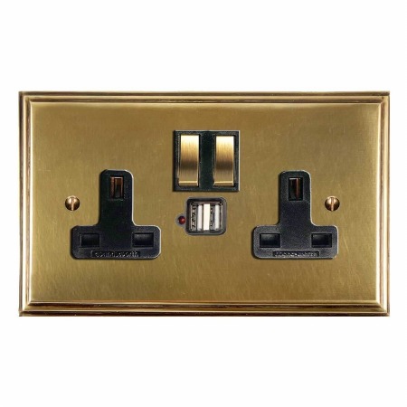 Edwardian Switched Socket 2 Gang USB Antique Satin Brass