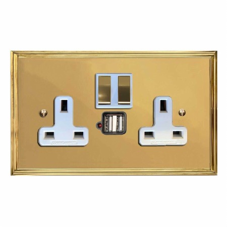 Edwardian Switched Socket 2 Gang USB Polished Brass Lacquered & White Trim