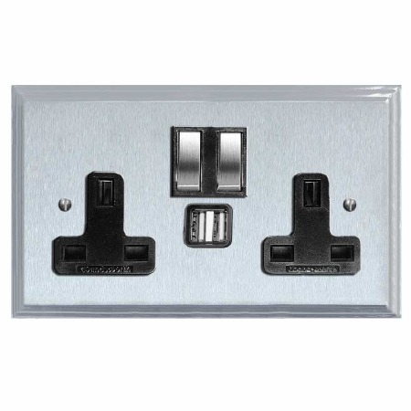 Edwardian Switched Socket 2 Gang USB Satin Chrome & Black Trim
