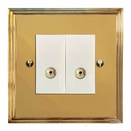 Edwardian TV Socket Outlet 2 Gang Polished Brass Lacquered & White Trim