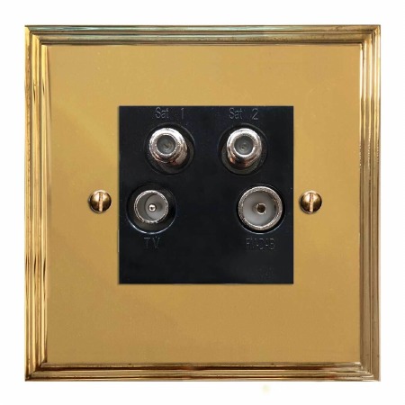 Edwardian Quadplex TV Socket Polished Brass Lacquered & Black Trim