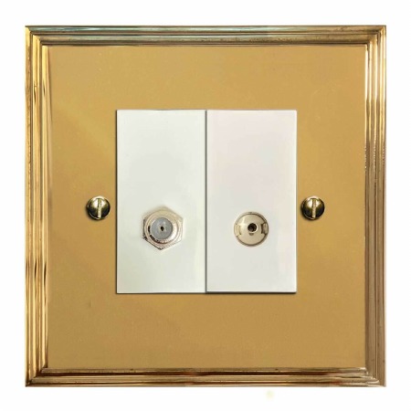 Edwardian Satellite & TV Socket Outlet Polished Brass Lacquered & White Trim
