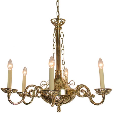 Empire 6 Arm Pendant Chandelier Light Polished Brass Unlacquered