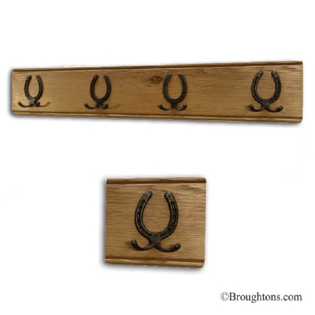 Oak Hook Board with 4 Iron Horse Shoe Twin Hooks 80cm