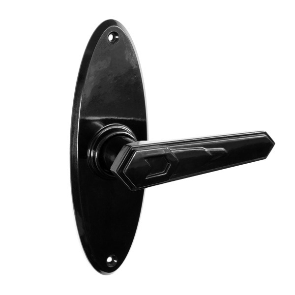 Bakelite Savoy Door Handles on Oval Backplates Black Broughtons