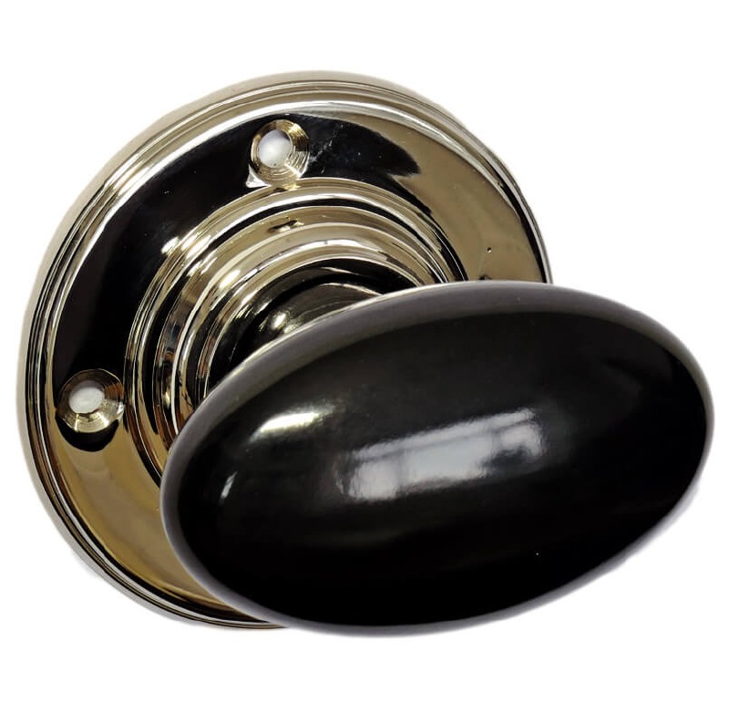 Bakelite Smooth Oval Door Knobs Black on Nickel Rose Broughtons