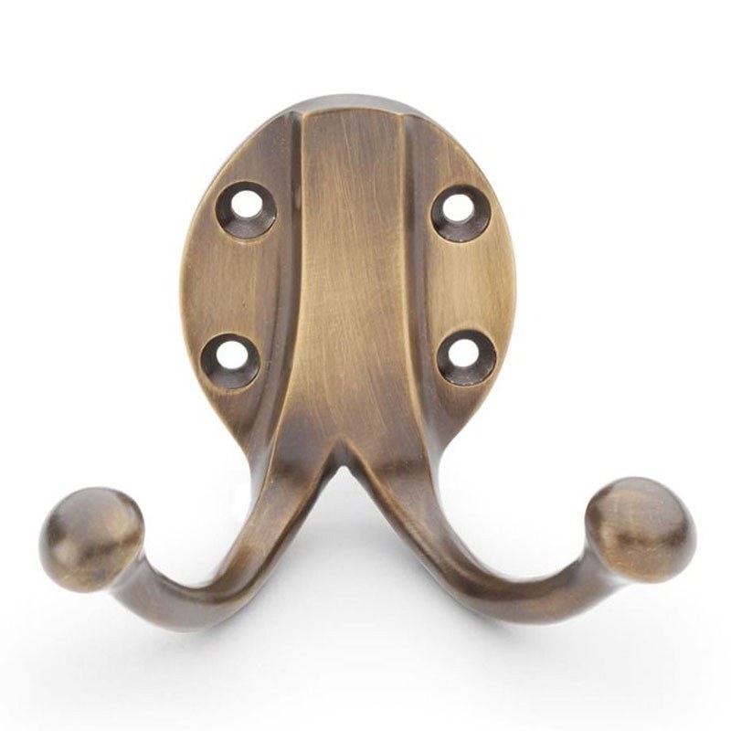 Solid Bronze Double Coat Hook with Oval Backplate - Bronze Patina