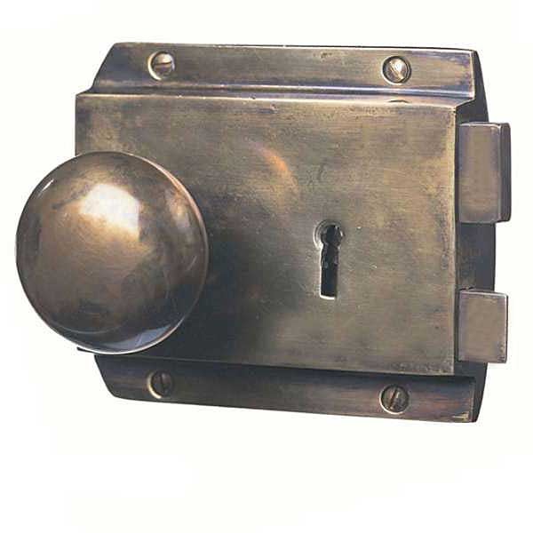 Flanged Rim Lock Hand Aged Brass LH - Broughtons Lighting & Ironmongery