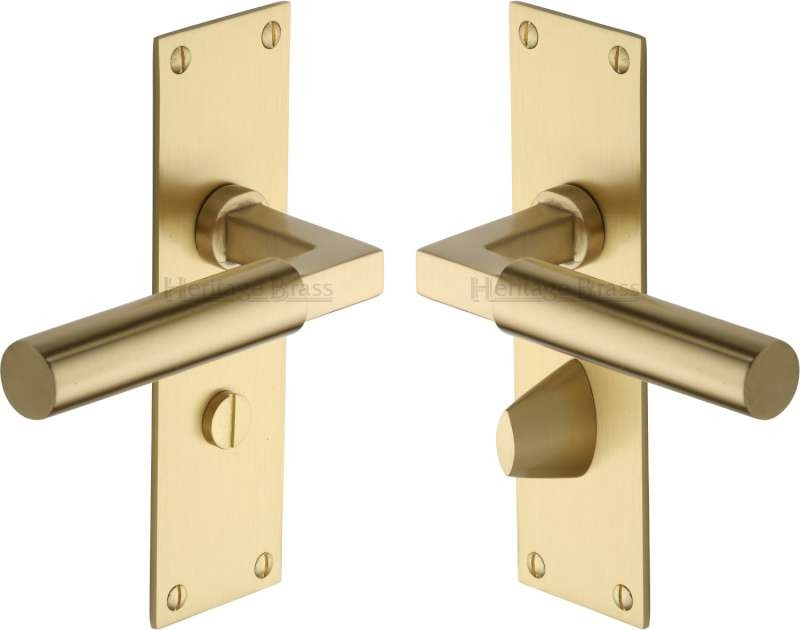 Heritage Bauhaus Bathroom Door Handles Bau7330 Satin Brass Lacq Broughtons Lighting And Ironmongery 8441