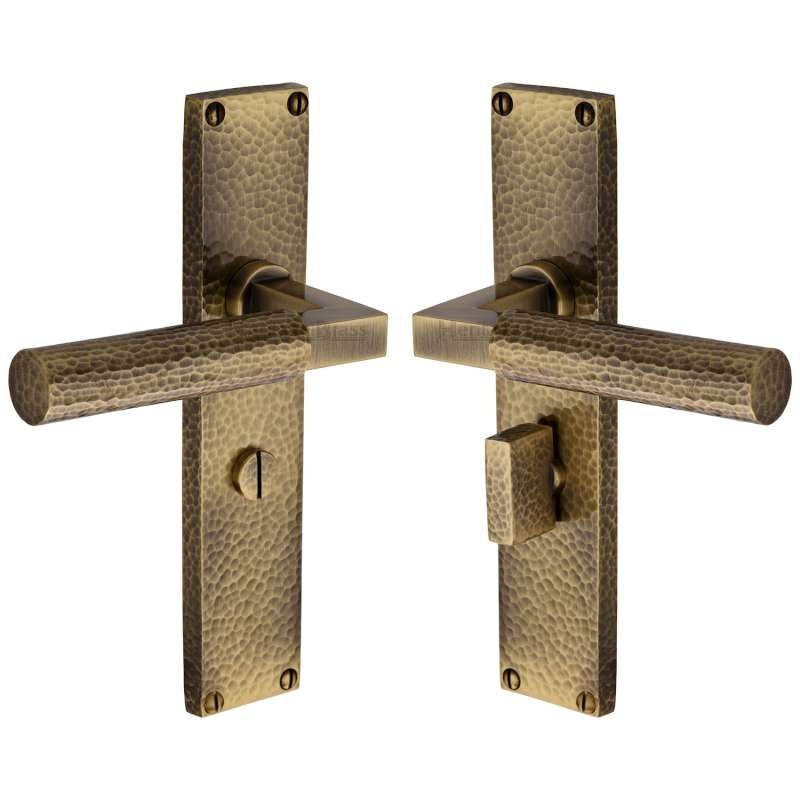 Heritage Bauhaus Hammered Bathroom Handles Antique Brass Lacquered ...