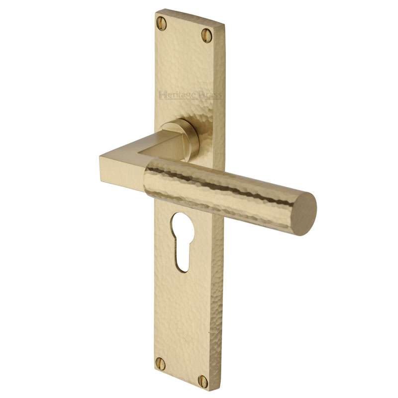 Heritage Bauhaus Hammered Euro Lock Handles Satin Brass Lacquered Broughtons Lighting 5977