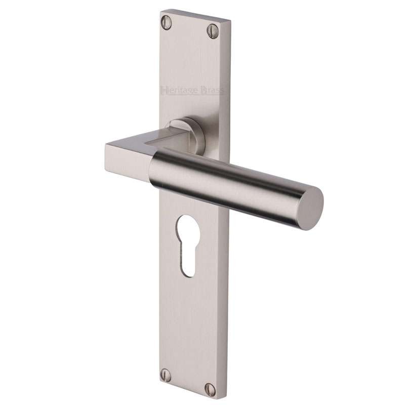 Heritage Bauhaus Euro Lock Door Handles Satin Nickel Broughtons Lighting & Ironmongery