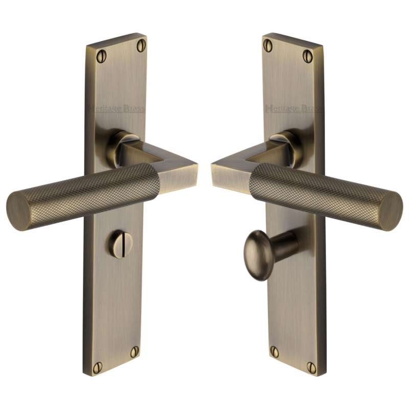 Heritage Bauhaus Knurled Bathroom Door Handles Antique Brass Lacquered Broughtons Lighting 8515