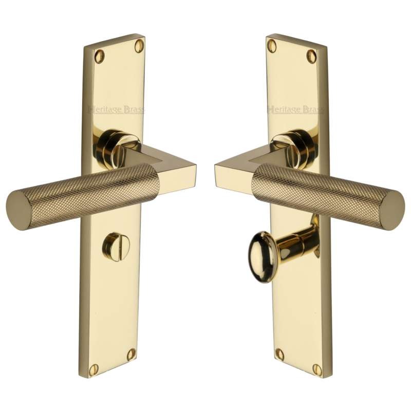 Heritage Bauhaus Knurled Bathroom Door Handles Polished Brass Lacquered Broughtons Lighting 9315