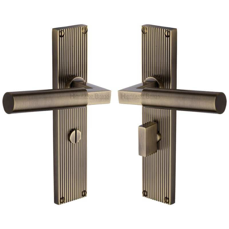 Heritage Bauhaus Reeded Bathroom Door Handles Antique Brass Lacquered - Broughtons Lighting ...