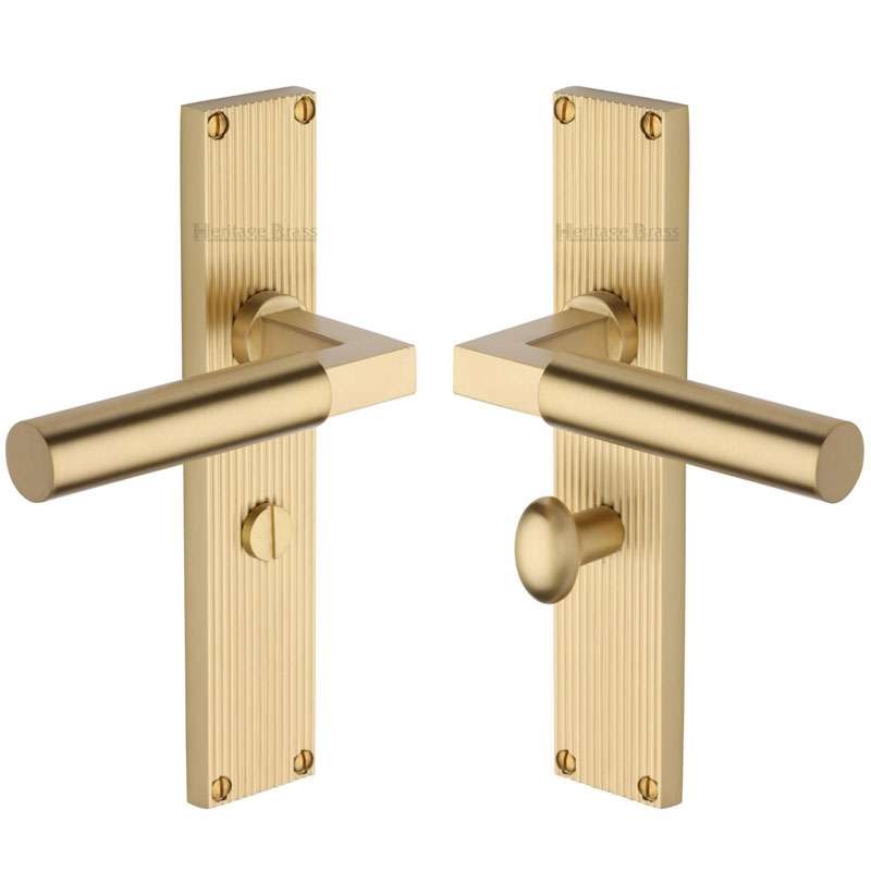 Heritage Bauhaus Reeded Bathroom Door Handles Satin Brass Lacquered Broughtons Lighting 1875