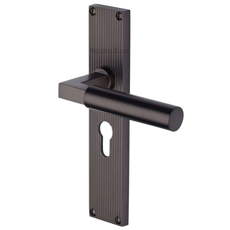 Heritage Bauhaus Reeded Euro Lock Door Handles Matt Bronze Broughtons Lighting & Ironmongery