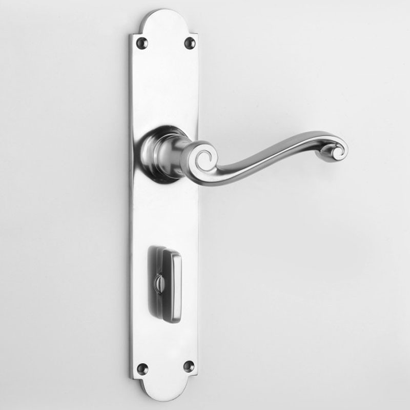 Aston Scroll Bathroom Door Handle Long Plate Polished Chrome Broughtons Lighting & Ironmongery