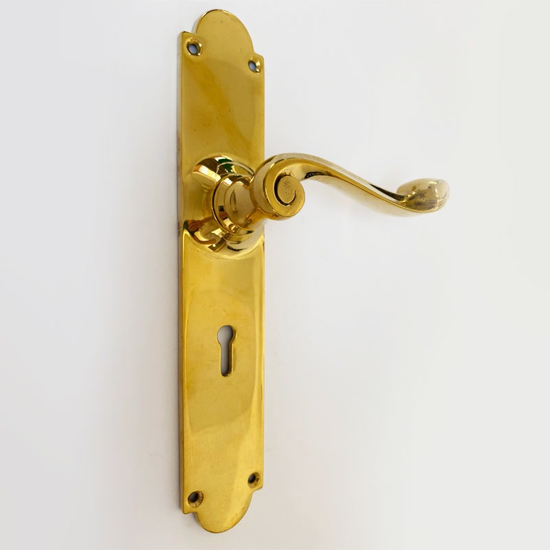 Aston Door Lock Handle Scroll Lever Polished Brass Unlacquered Broughtons Lighting And Ironmongery 7251