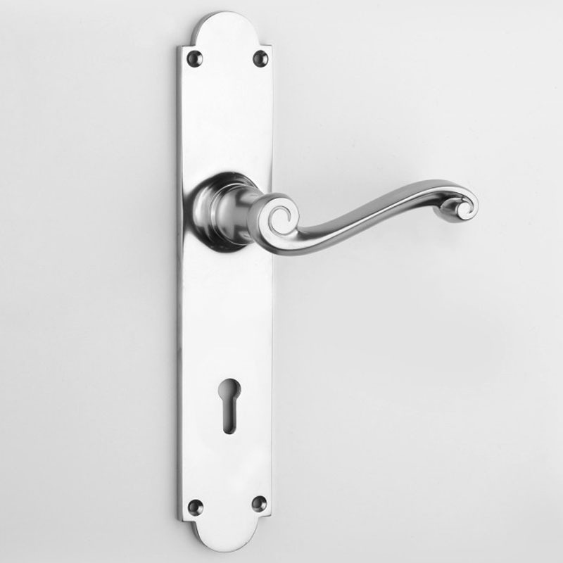 Aston Scroll Door Handle Long Lock Plate Polished Chrome Broughtons Lighting And Ironmongery 6176