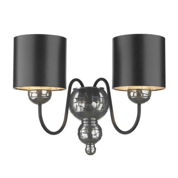 Garbo Pewter Double Wall Light with Black Shades Broughtons Lighting