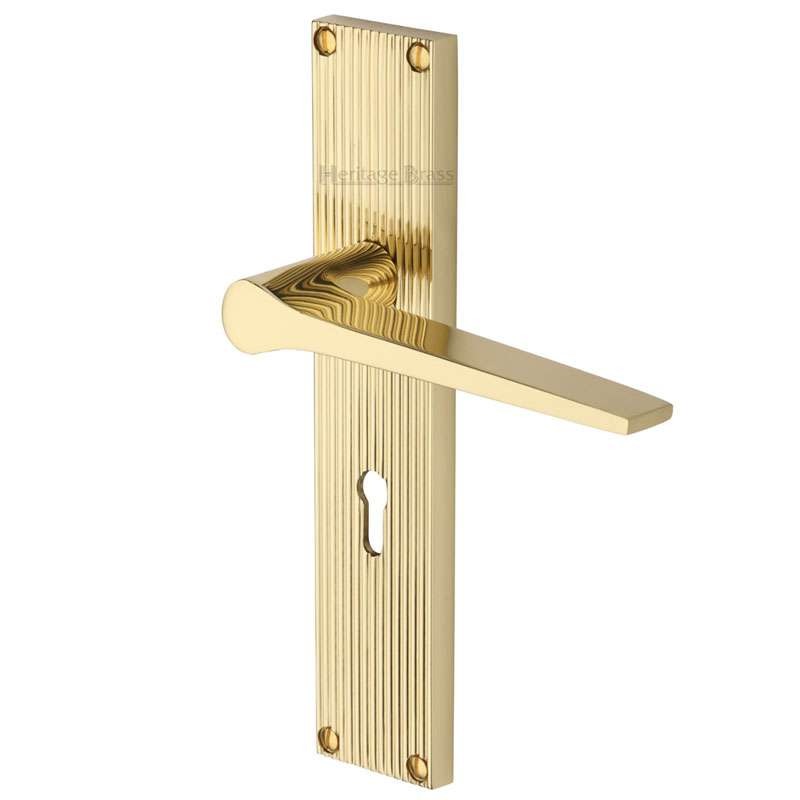 Heritage Gio Reeded Lock Door Handles Polished Brass Lacquered Broughtons Lighting And Ironmongery 3062