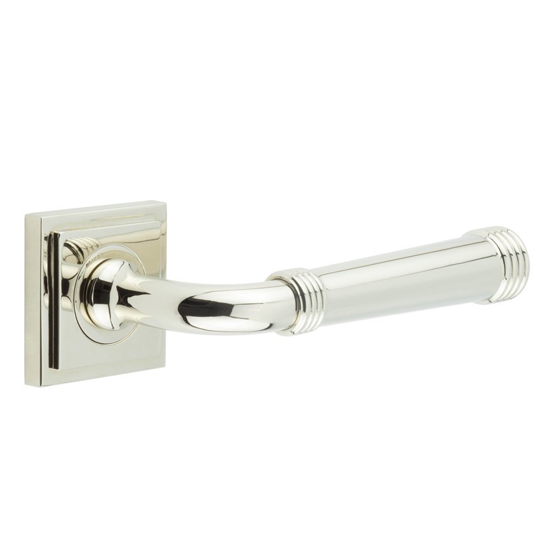 Highgate Door Handle On Square Stepped Rose Polished Nickel Broughtons Lighting And Ironmongery 4275