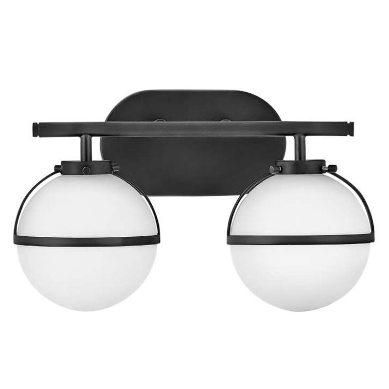 Hinkley Hollis Double Bathroom Wall Light Opal Glass Black Broughtons Lighting & Ironmongery