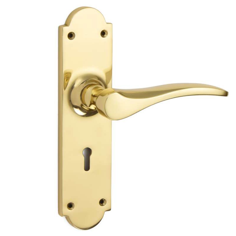 Oxford Door Lock Handles Polished Brass Unlacquered Broughtons