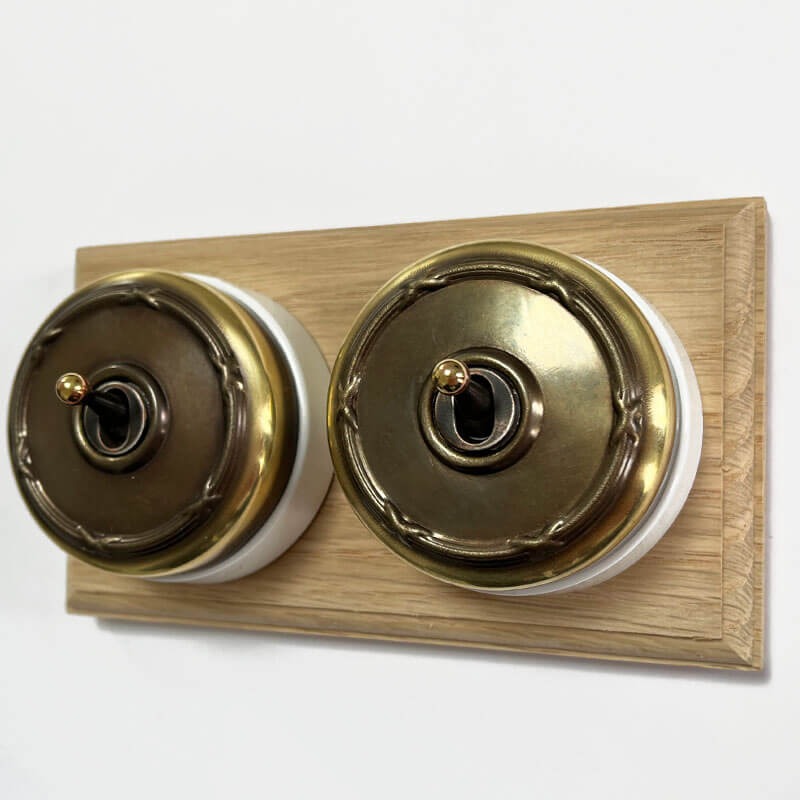 Reed and Ribbon Dome Dolly Light Switch 2 Gang Renovated Brass