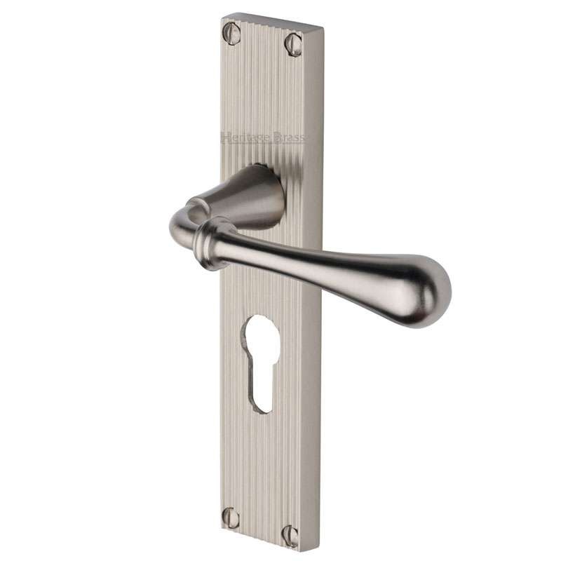 Heritage Roma Reeded Euro Lock Door Handles Satin Nickel Broughtons