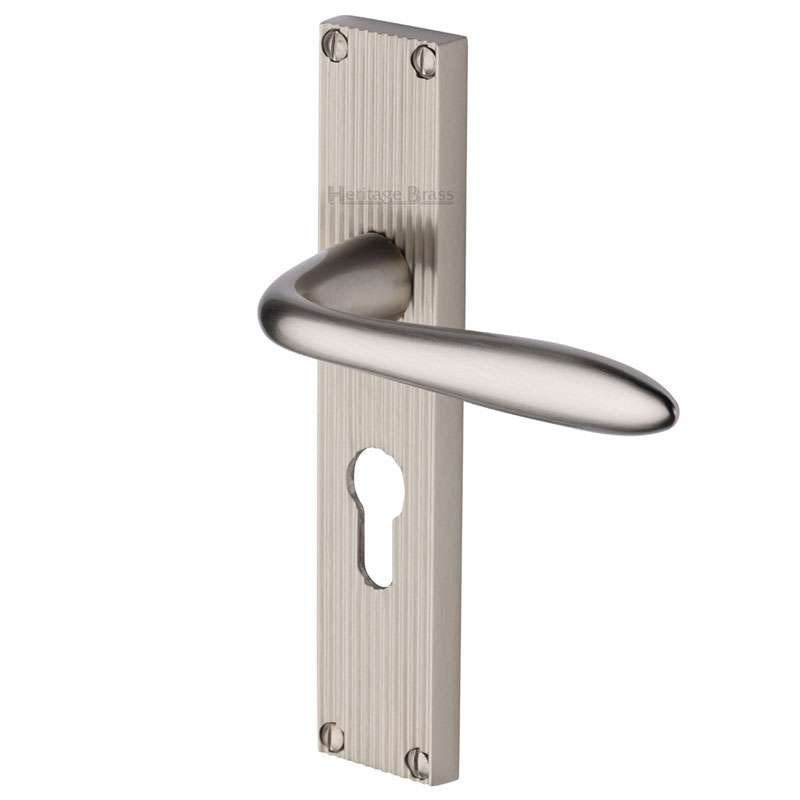 Heritage Sutton Reeded Euro Lock Door Handles Satin Nickel Broughtons