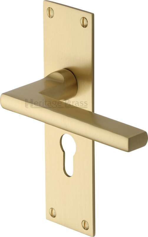 Heritage Trident Euro Lock Door Handles TRI1348 Satin Brass Lacquered Broughtons Lighting