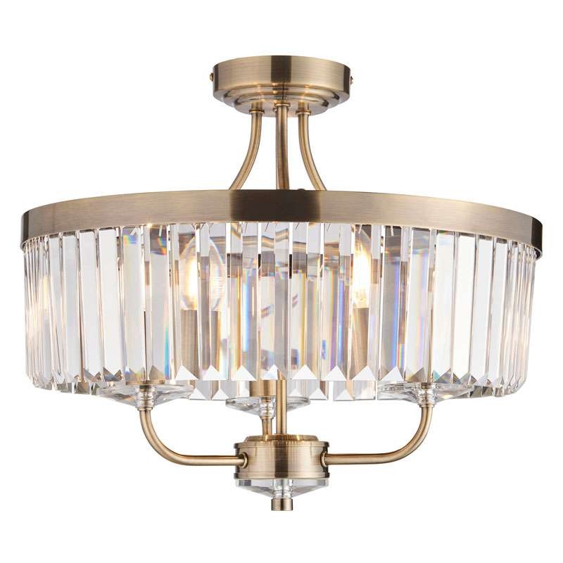 Yetminster 3 Light Semi Flush Crystal Ceiling Light Antique Brass Broughtons Lighting