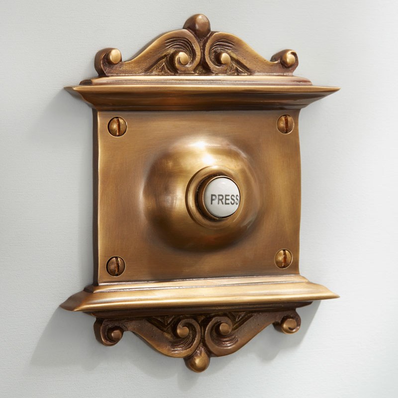 Scroll Door Bell Push Antique Satin Brass Broughtons Lighting   Ironmongery