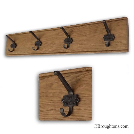 Oak Hook Board with 4 Iron Made In Leicester Hooks 80cm