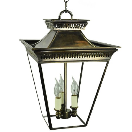 Pagoda Hanging Lantern Medium 3 Cluster Light Renovated Brass