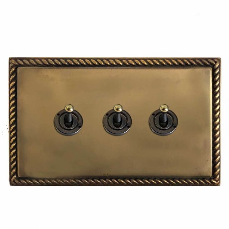 Georgian Dolly Switch 3 Gang Hand Aged Brass
