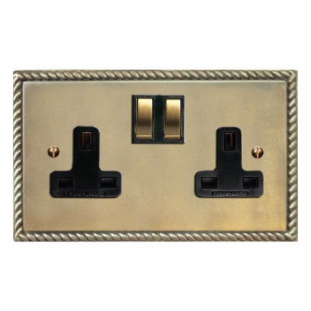 Georgian Switched Socket 2 Gang Antique Satin Brass