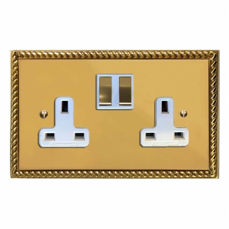 Georgian Switched Socket 2 Gang Polished Brass Lacquered & White Trim