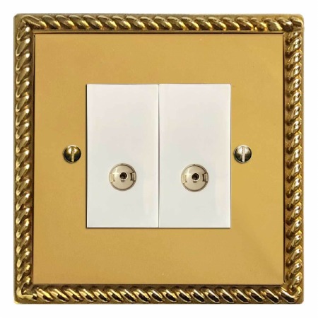 Georgian TV Socket Outlet 2 Gang Polished Brass Lacquered & White Trim