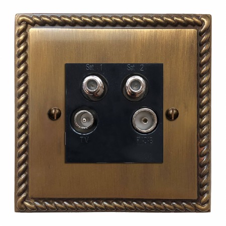 Georgian Quadplex TV Socket Antique Brass Lacquered