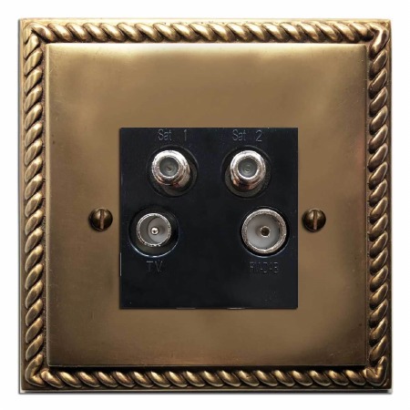 Georgian Quadplex TV Socket Hand Aged Brass