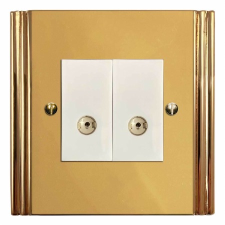 Plaza TV Socket Outlet 2 Gang Polished Brass Lacquered & White Trim
